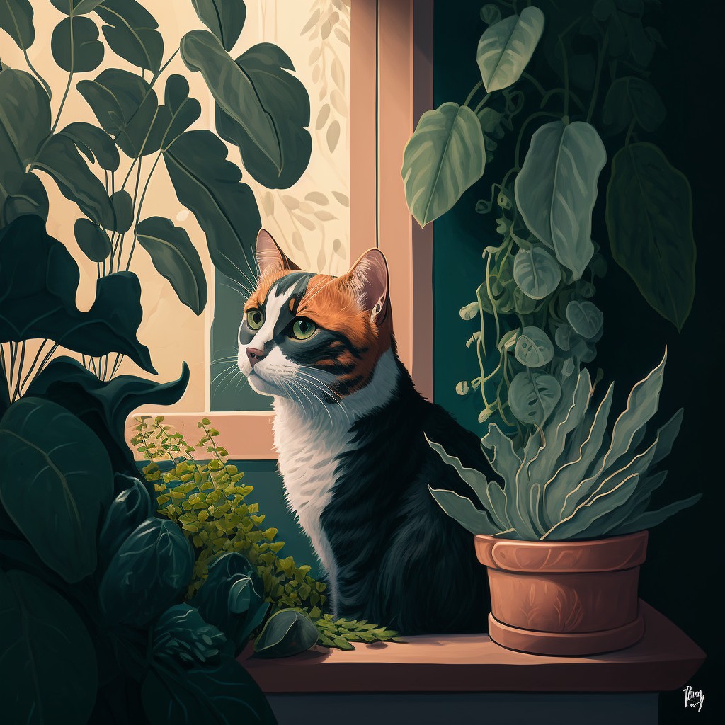 房间里一只靠近绿色植物的家猫