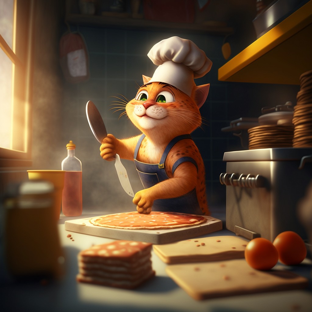 正在制作披萨的橘猫厨师与雪纳瑞厨师