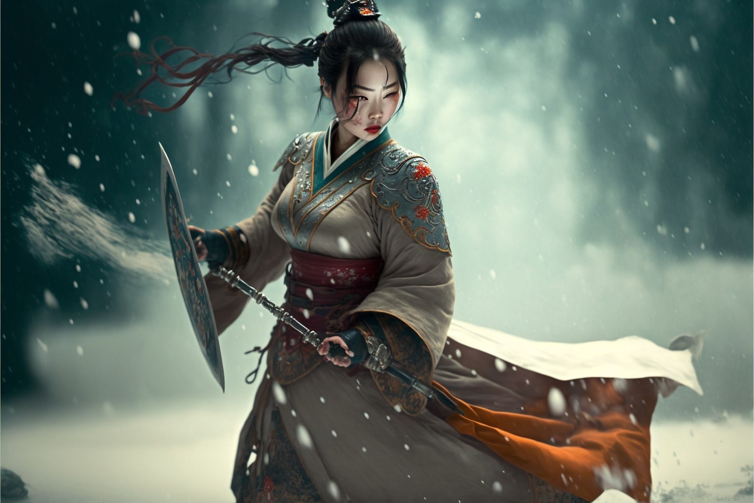 在大雪纷飞中舞剑的女剑客