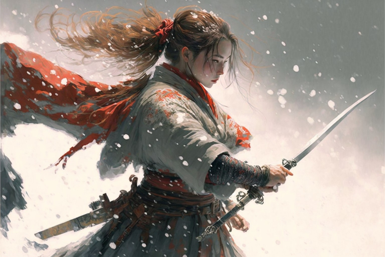 在大雪纷飞中舞剑的女剑客