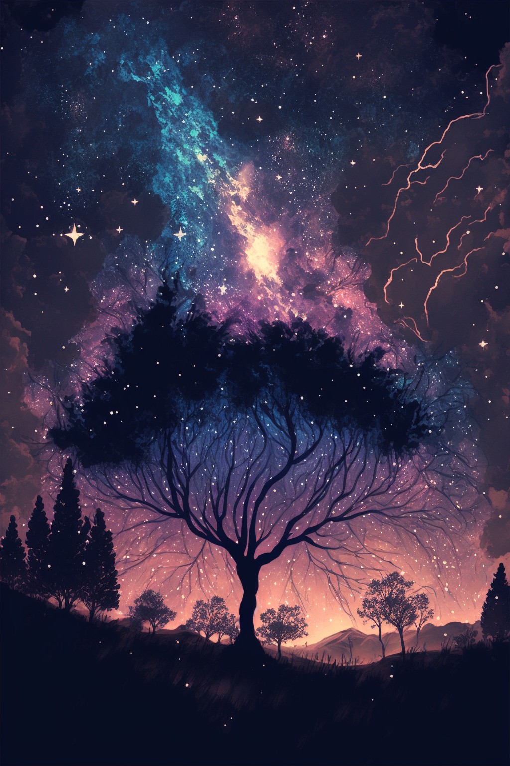 绚丽星空银河下的树木剪影手机壁纸