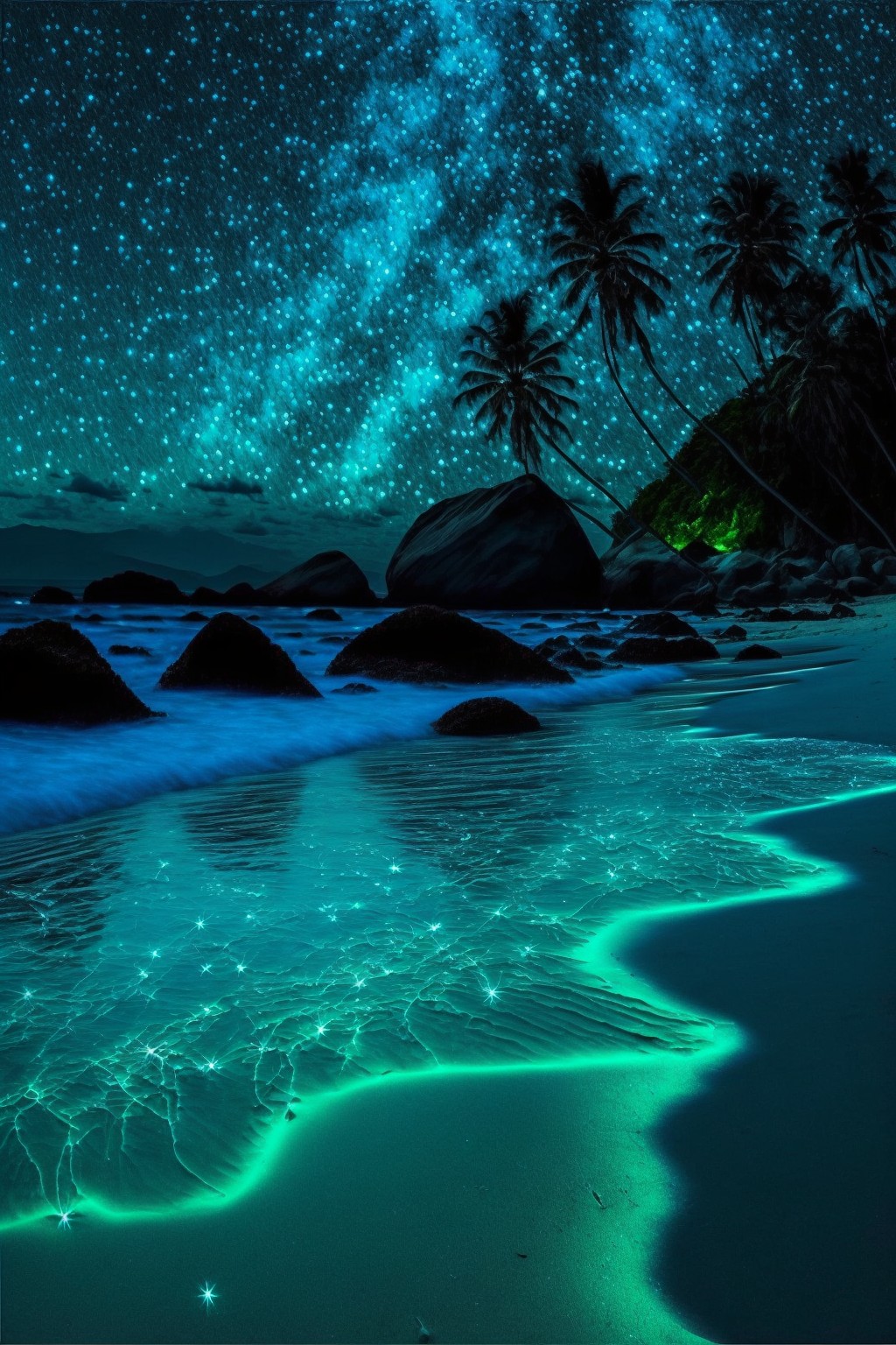 6 images of Fluorescent coast mobile wallpaper under the Milky Way starry sky by Midjourney