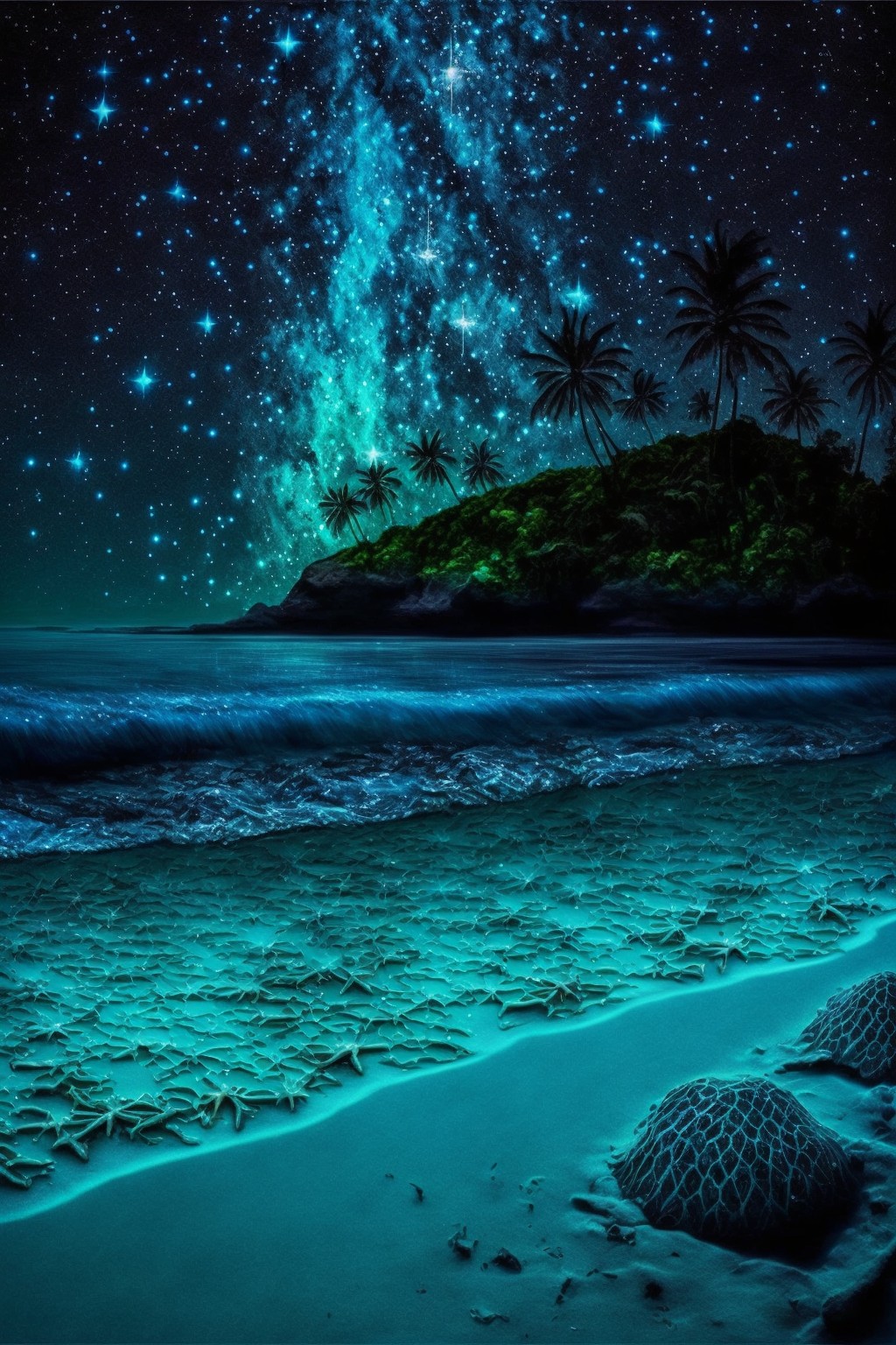 银河星空之下的荧光海岸手机壁纸