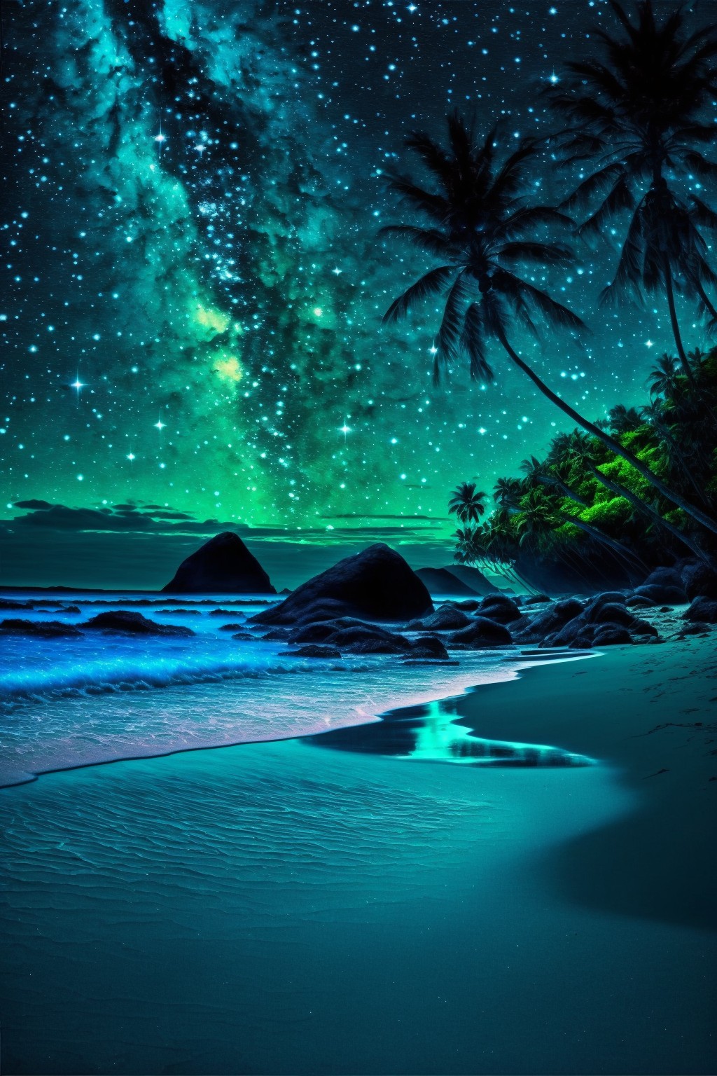 银河星空之下的荧光海岸手机壁纸