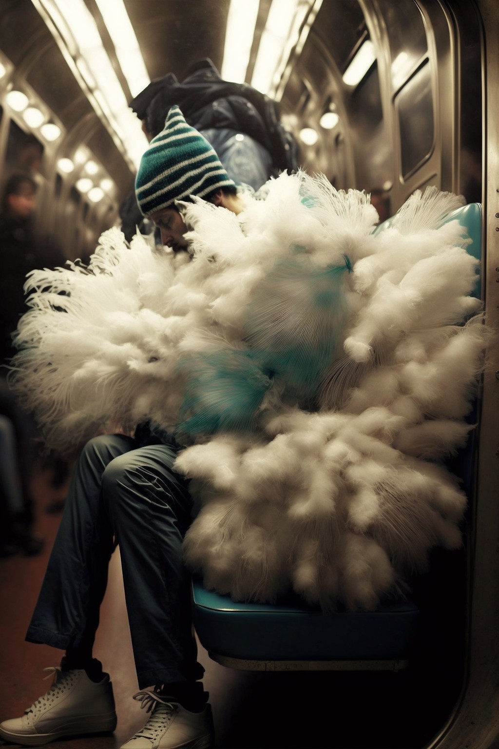 一个人在地铁上羽绒服突然爆开了