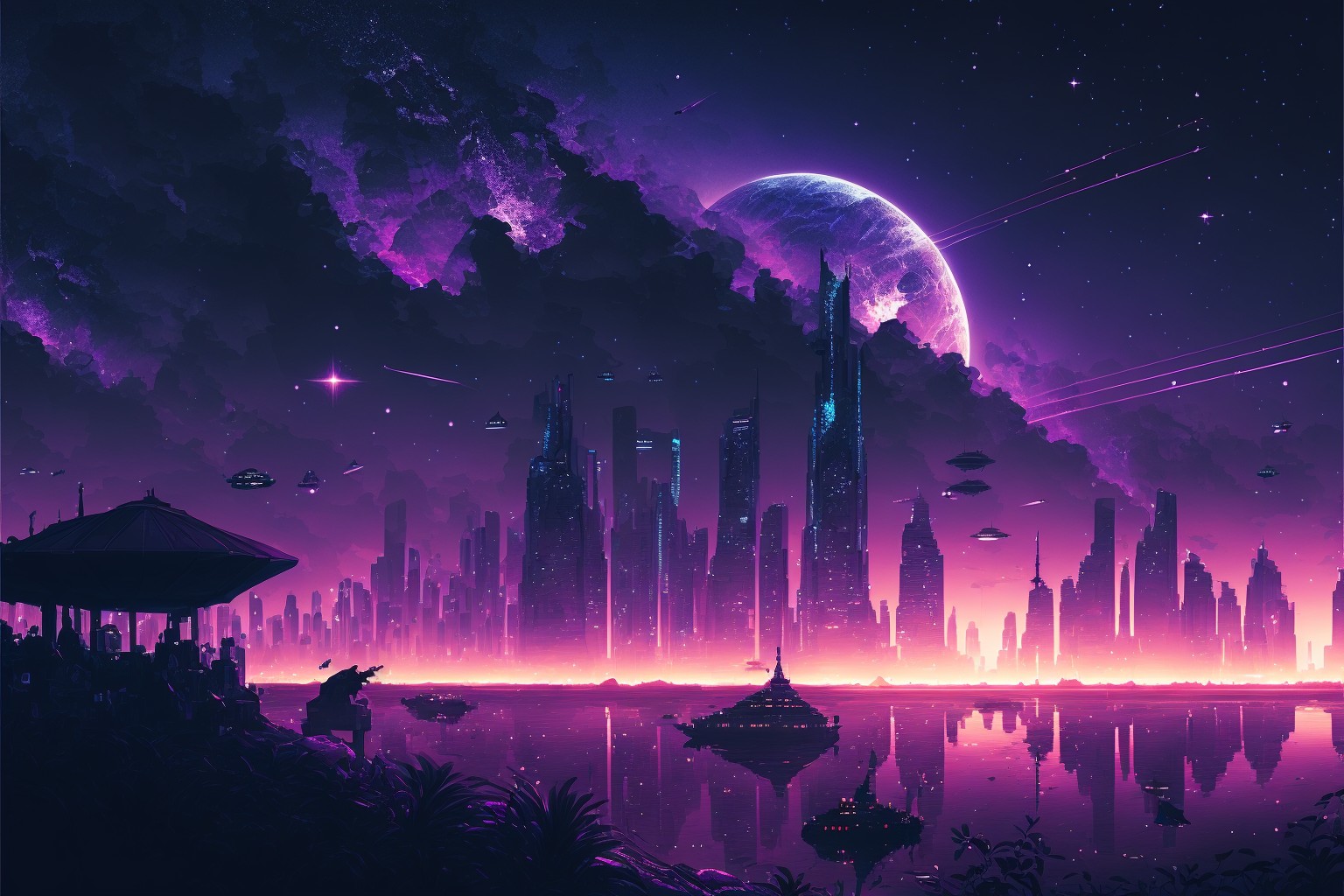 City skyline night view under purple sky atmosphere