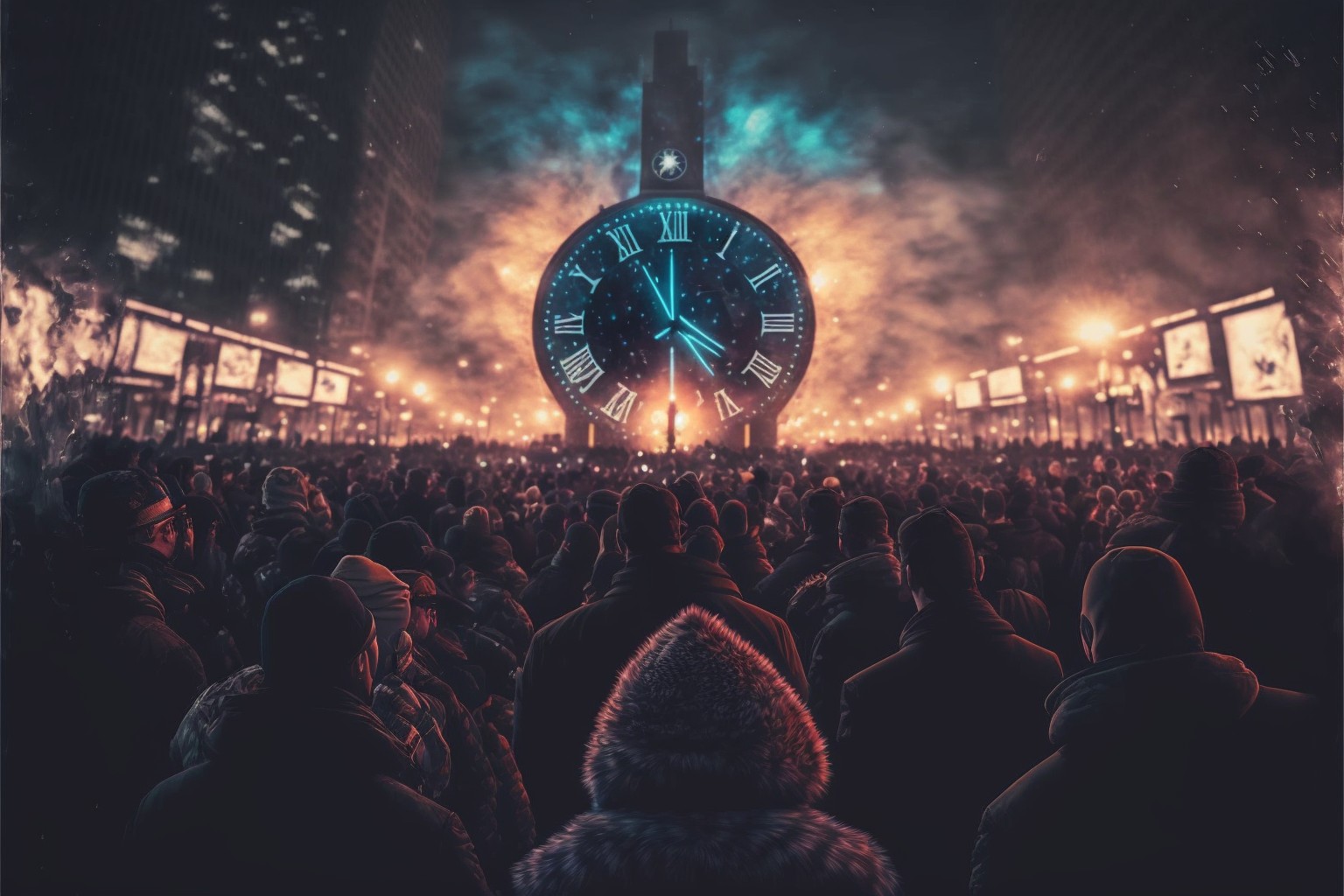 一群人在广场上跨年倒计时，远处是巨大的时钟（唯美绘画风格）