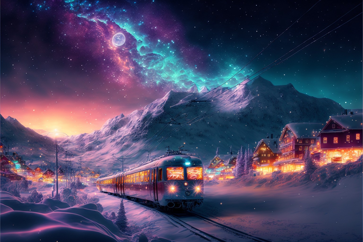 列车驶过下雪的村庄（唯美风格）