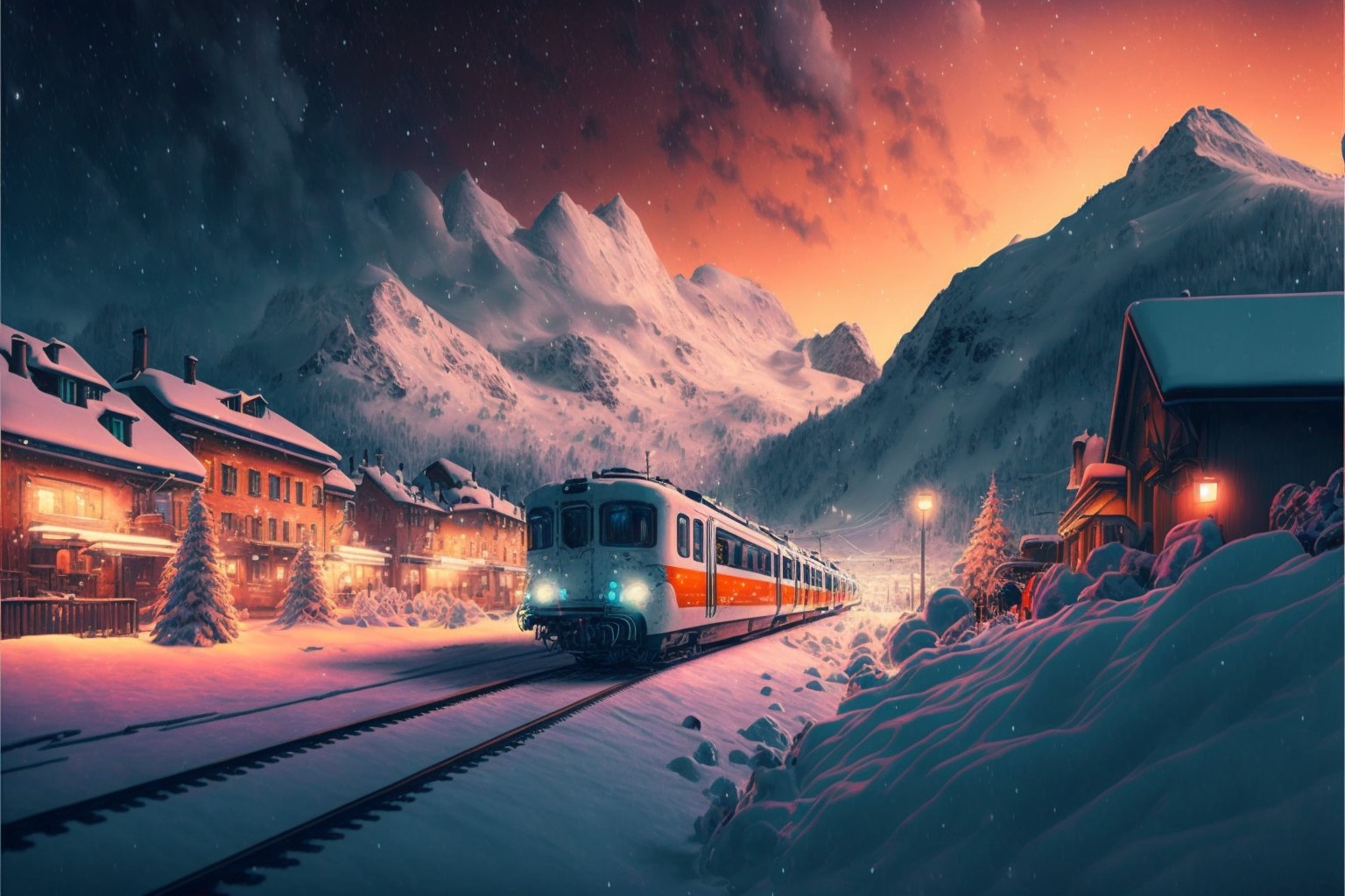 列车驶过下雪的村庄（唯美风格）