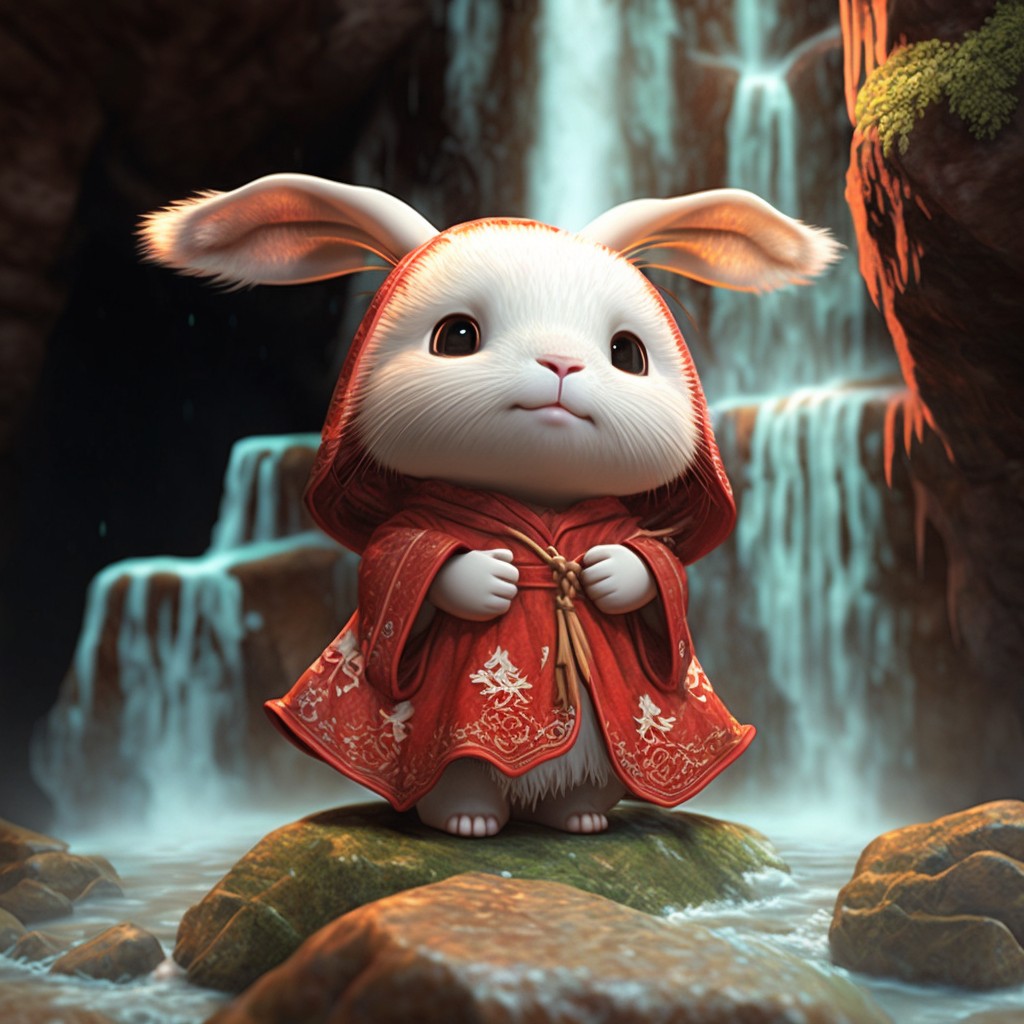 拜年兔系列：瀑布边穿汉服的小兔子（8幅，编号P88）