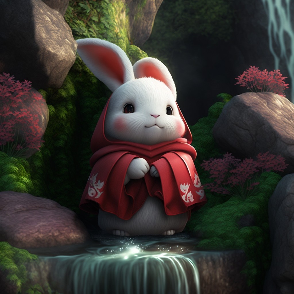 拜年兔系列：瀑布边穿汉服的小兔子