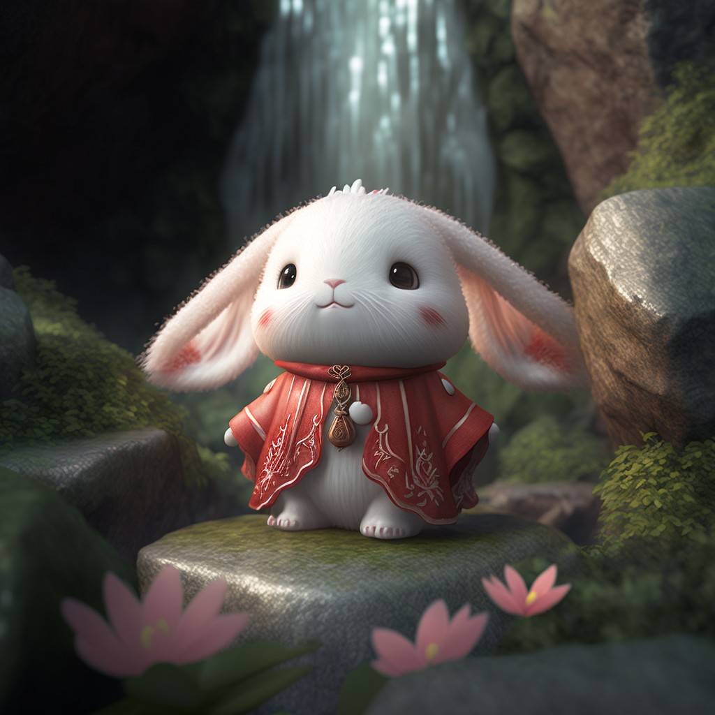 New Year's Rabbit Series: Little Rabbit Wearing Hanfu by the Waterfall