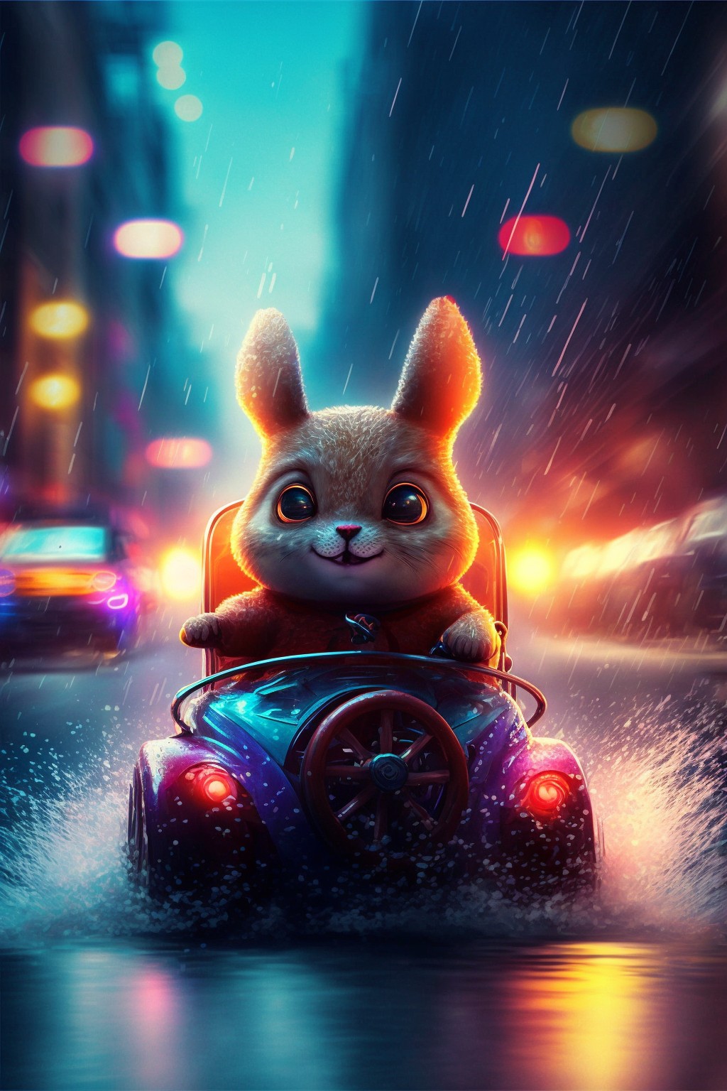 一只在城市风雨中漂移的卡丁车兔子