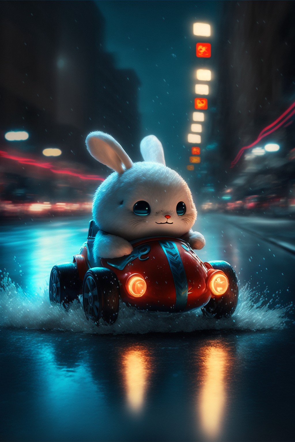 一只在城市风雨中漂移的卡丁车兔子