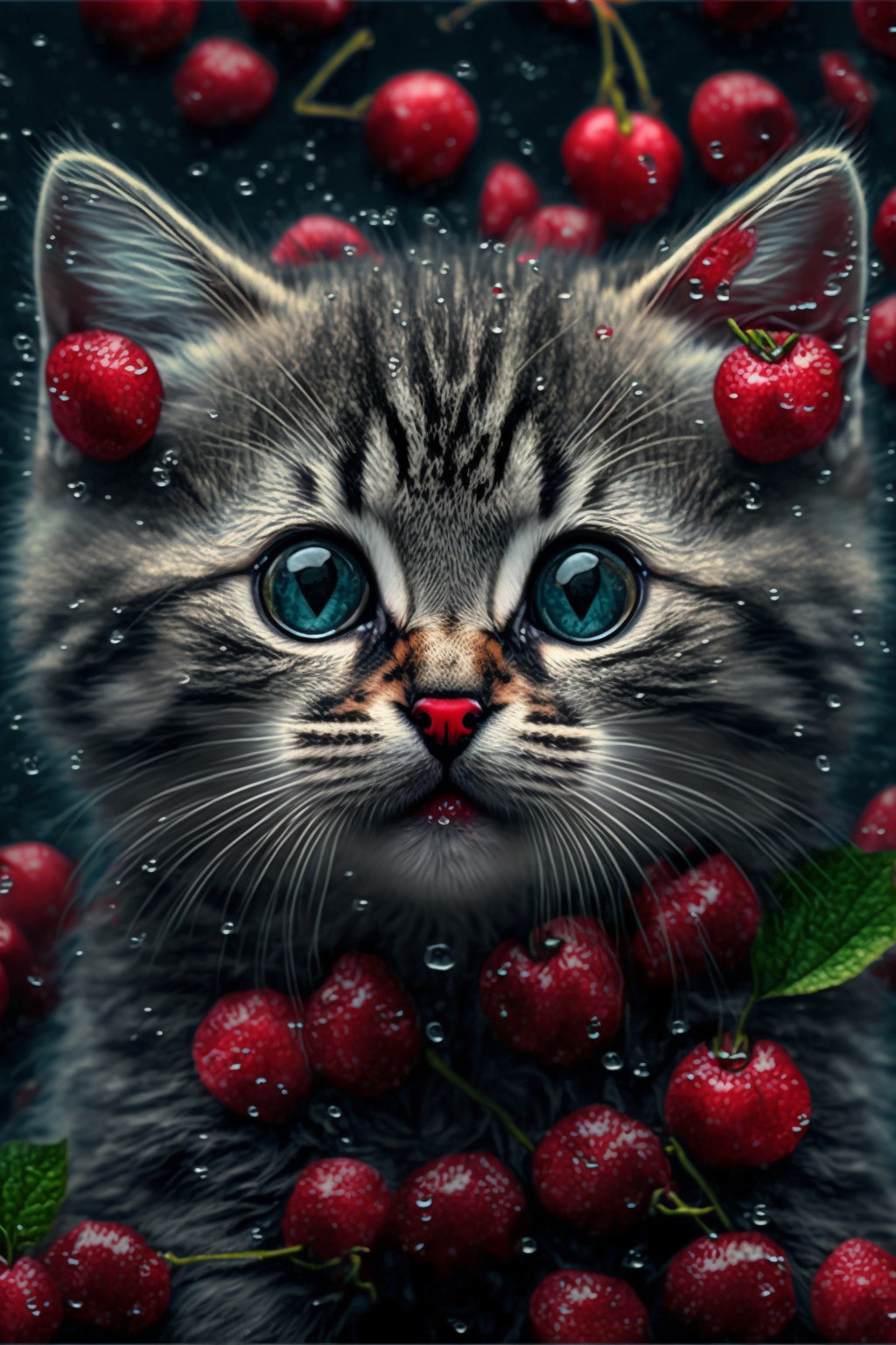 7 images of Cute kitten and cherries beside it by Midjourney