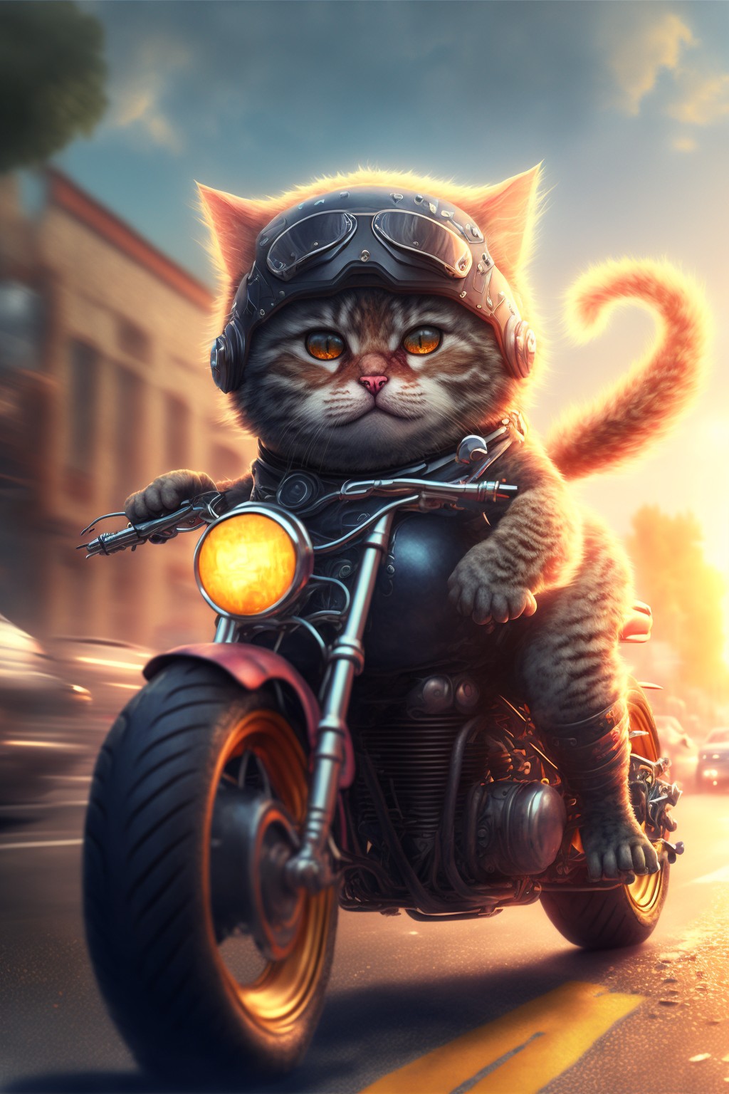 7 images of The rider kitten who goes to work facing the rising sun by Midjourney
