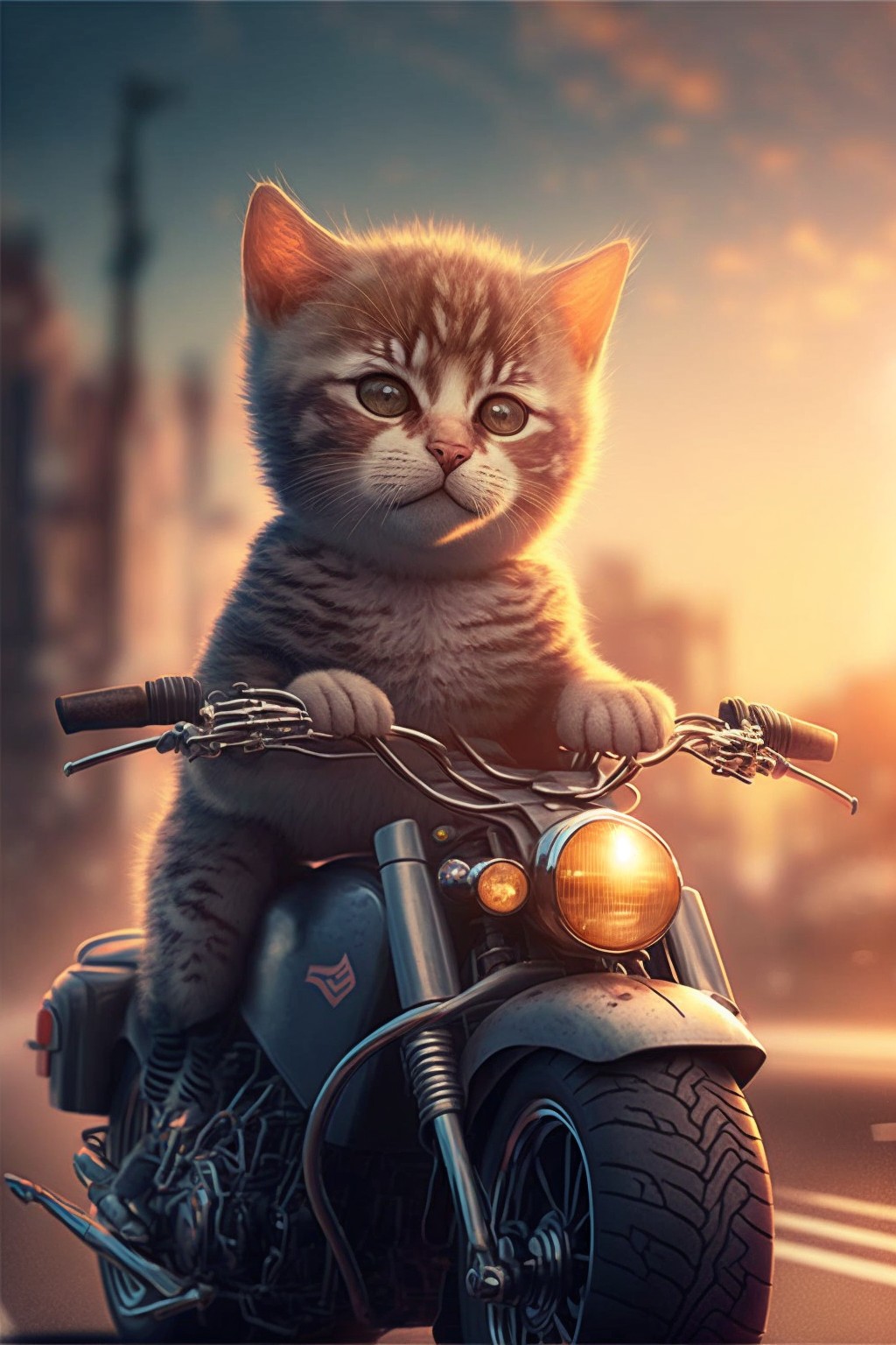 迎着朝阳上班的骑手小猫