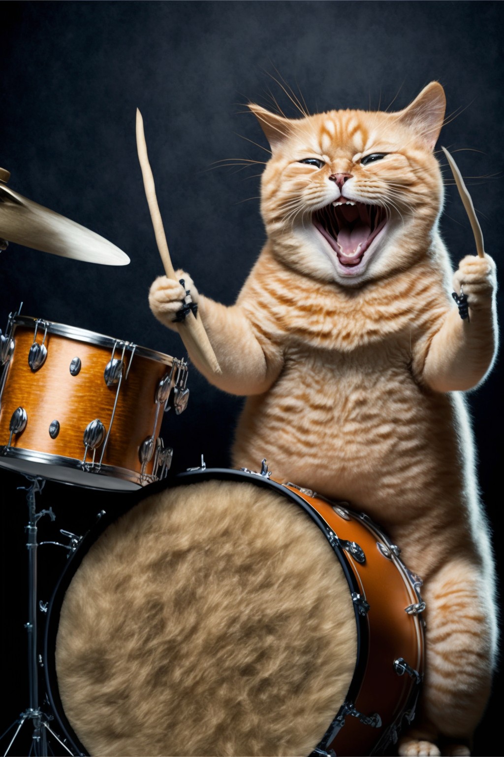 8 images of a grumpy cat drummer by Midjourney