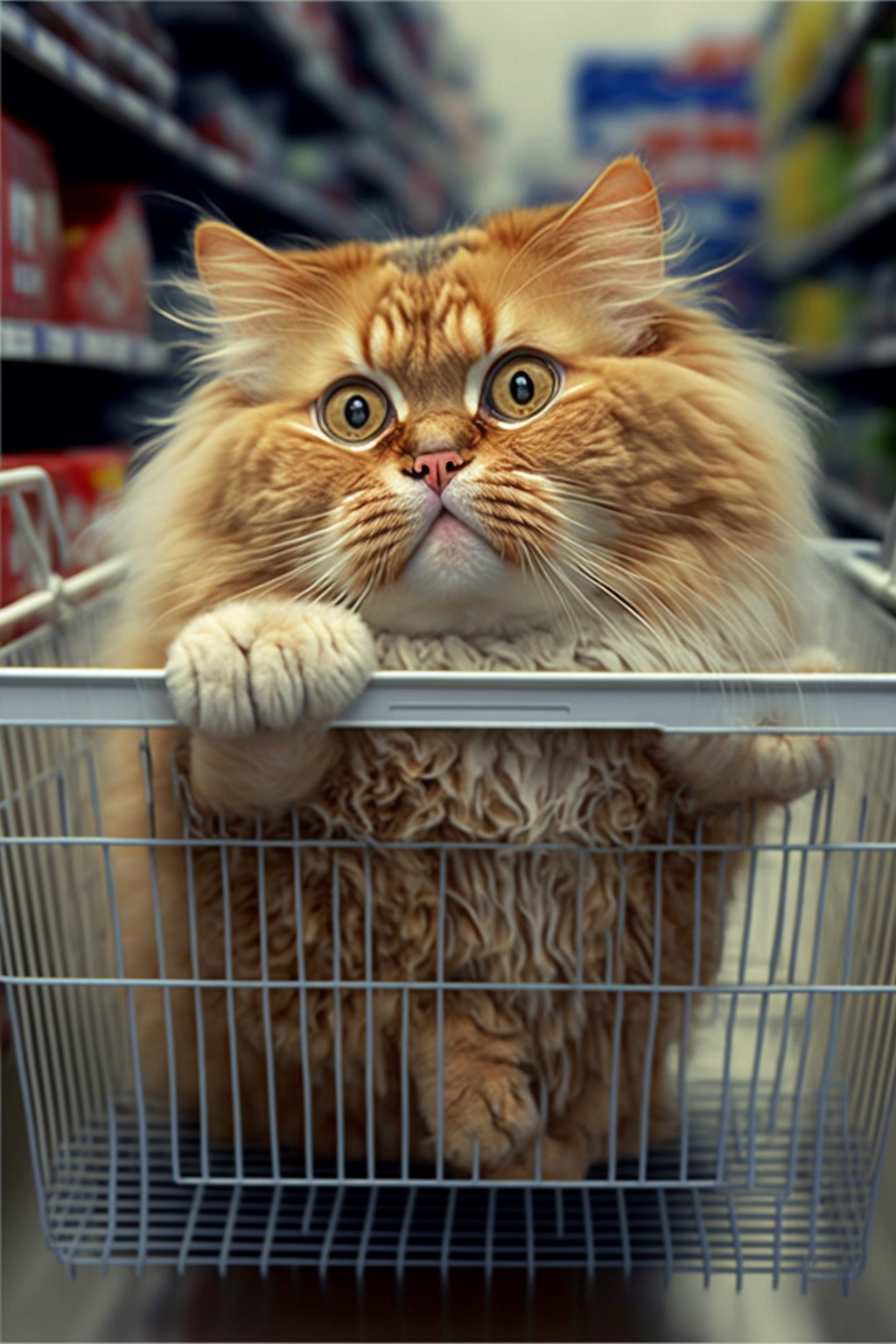 超市里看到价格标签后的惊讶的猫咪