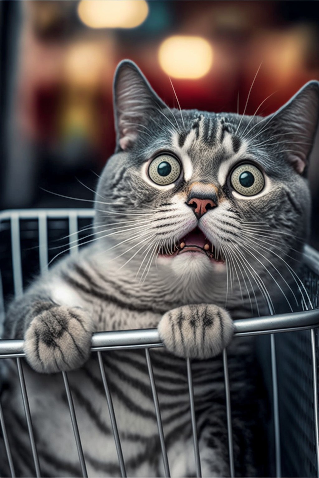 超市里看到价格标签后的惊讶的猫咪