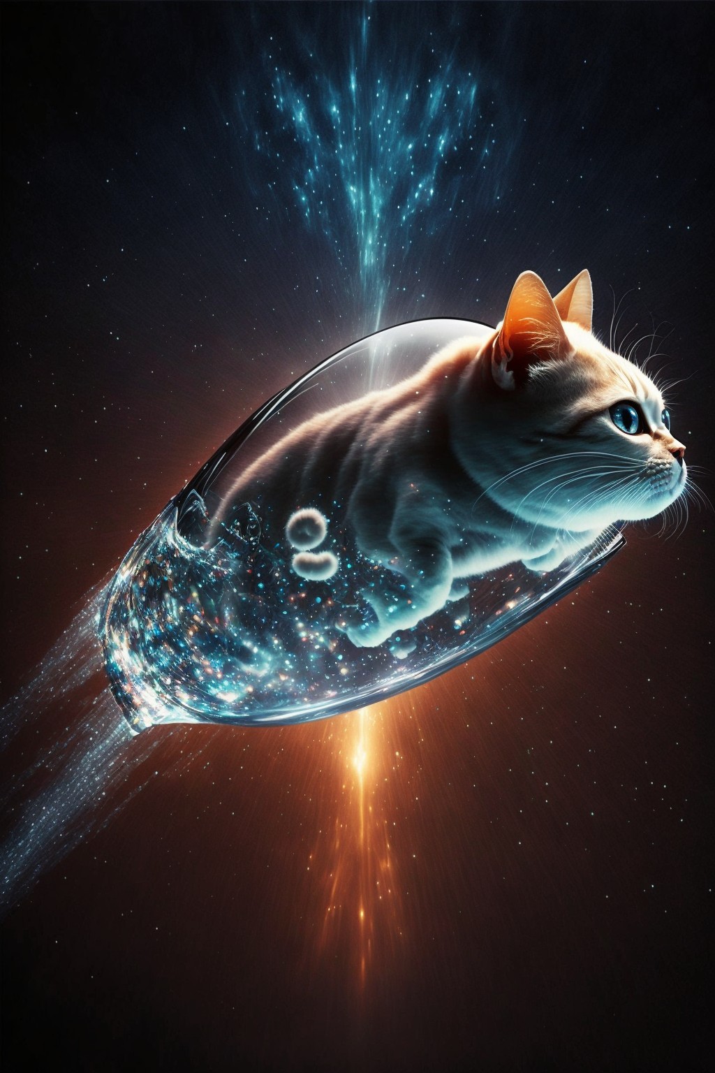被水滴包围着的火箭猫咪冲向宇宙
