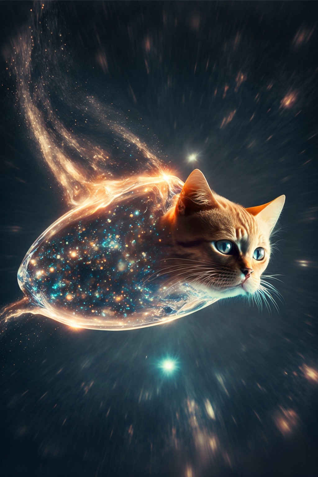 被水滴包围着的火箭猫咪冲向宇宙