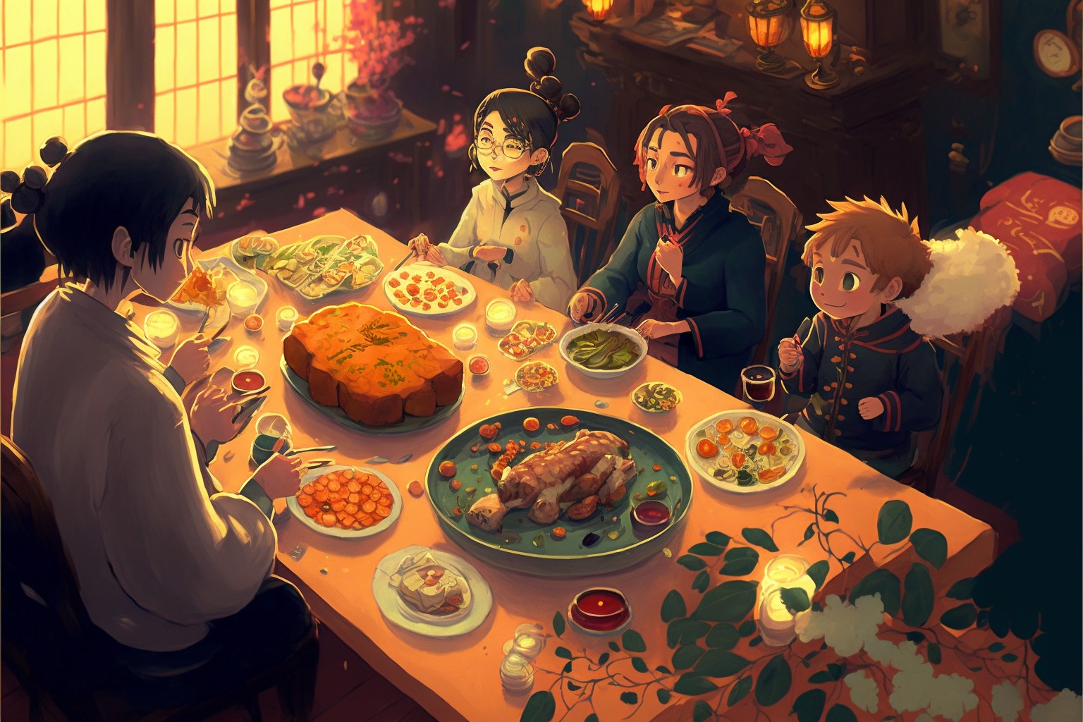 12 images of A group of people are eating New Year's Eve dinner, Japanese anime style by Midjourney