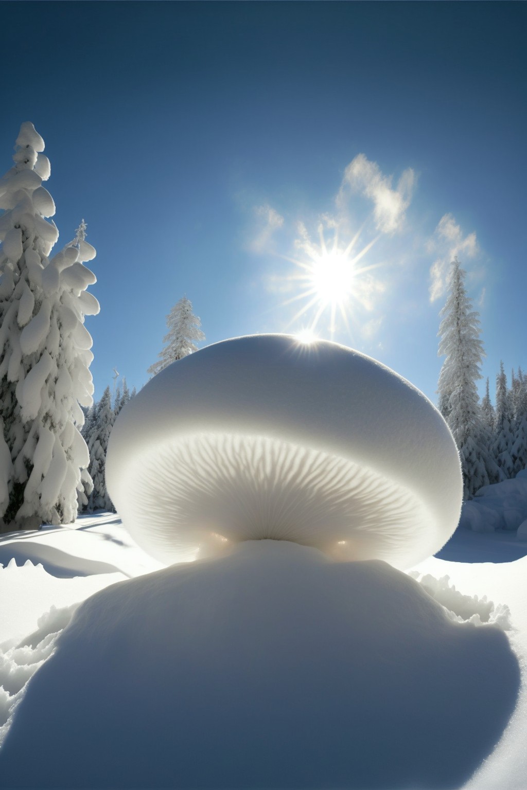 6 images of Huge snowdrift mushroom found in snow by Midjourney