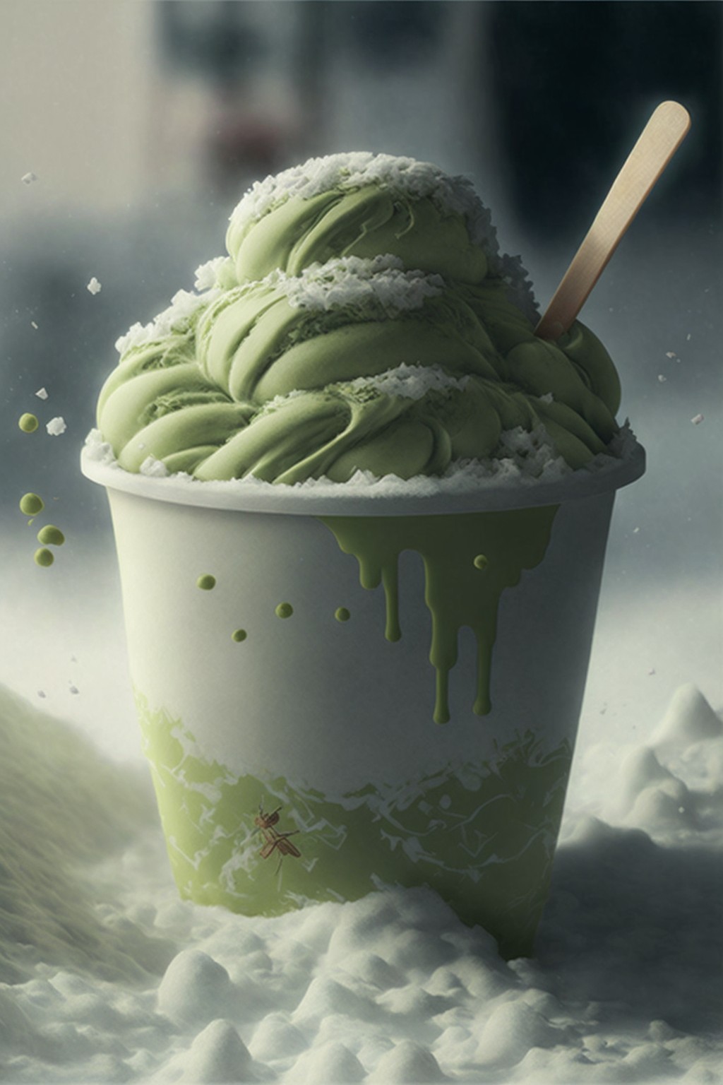 8 images of Green Tea and Green Tea Ice Cream in a Snowstorm by Midjourney
