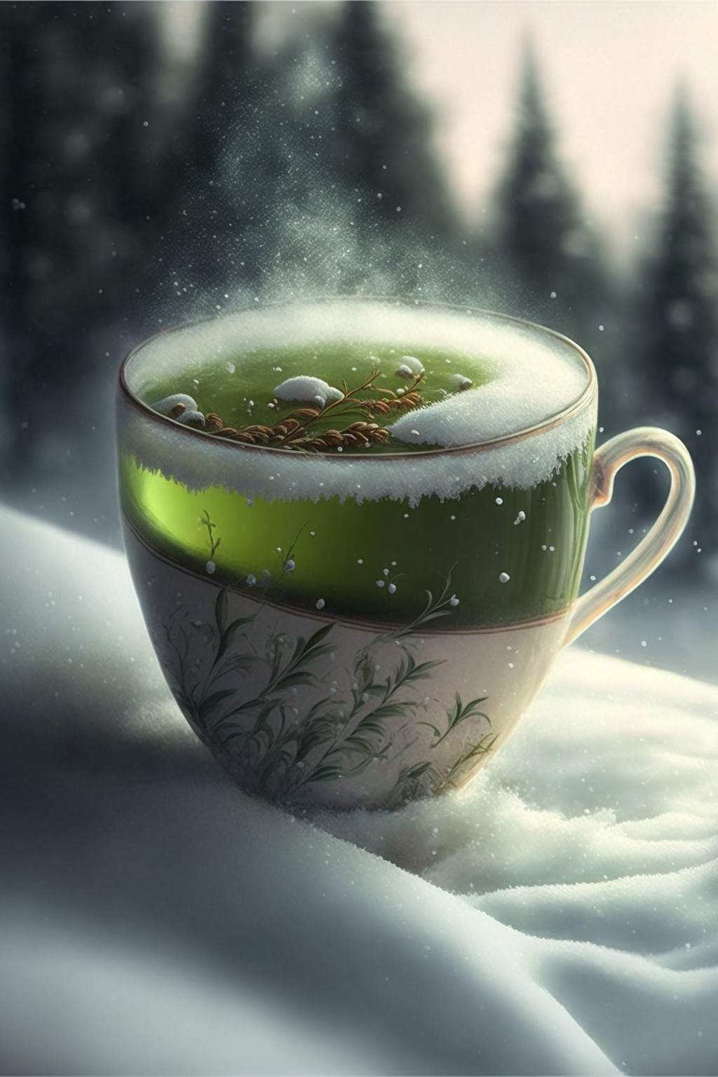 Green Tea and Green Tea Ice Cream in a Snowstorm