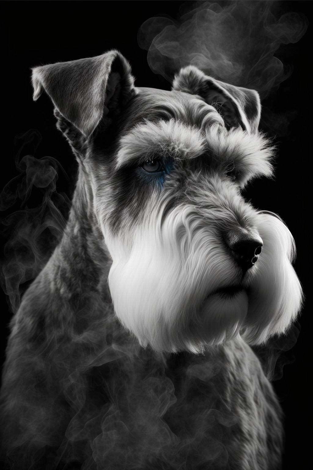 8 images of Head portrait of Schnauzer in blue smoke by Midjourney