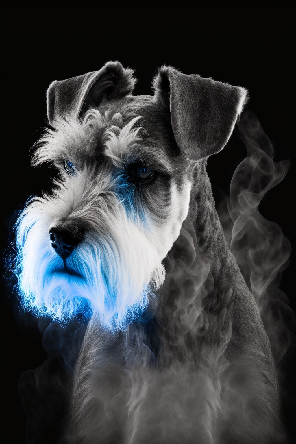 Head portrait of Schnauzer in blue smoke
