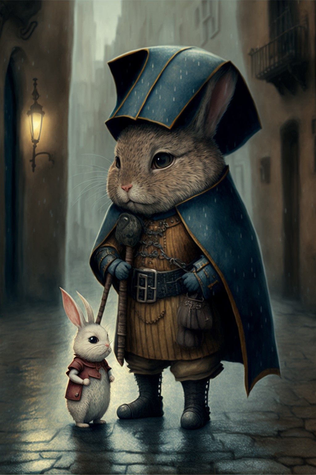 Mother Rabbit Helps Little Rabbit with an Umbrella