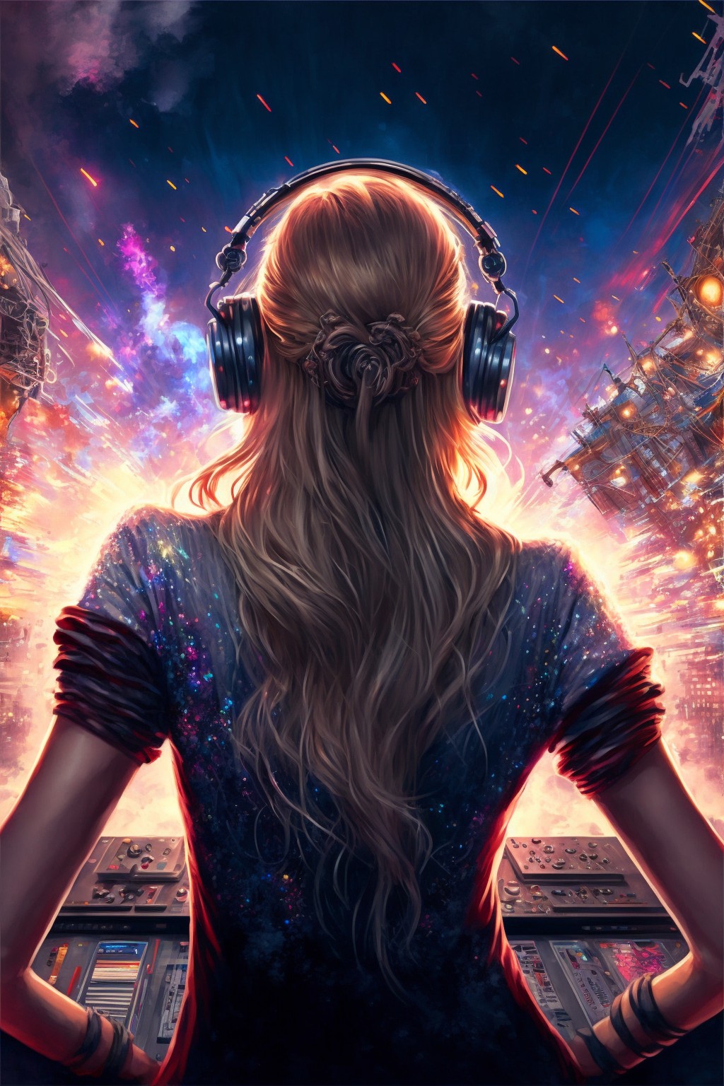8 images of The girl wearing headphones looks at the New Year's Eve city by Midjourney