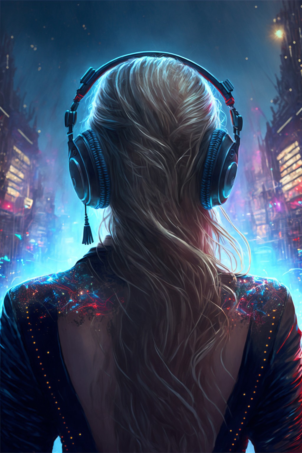 The girl wearing headphones looks at the New Year's Eve city