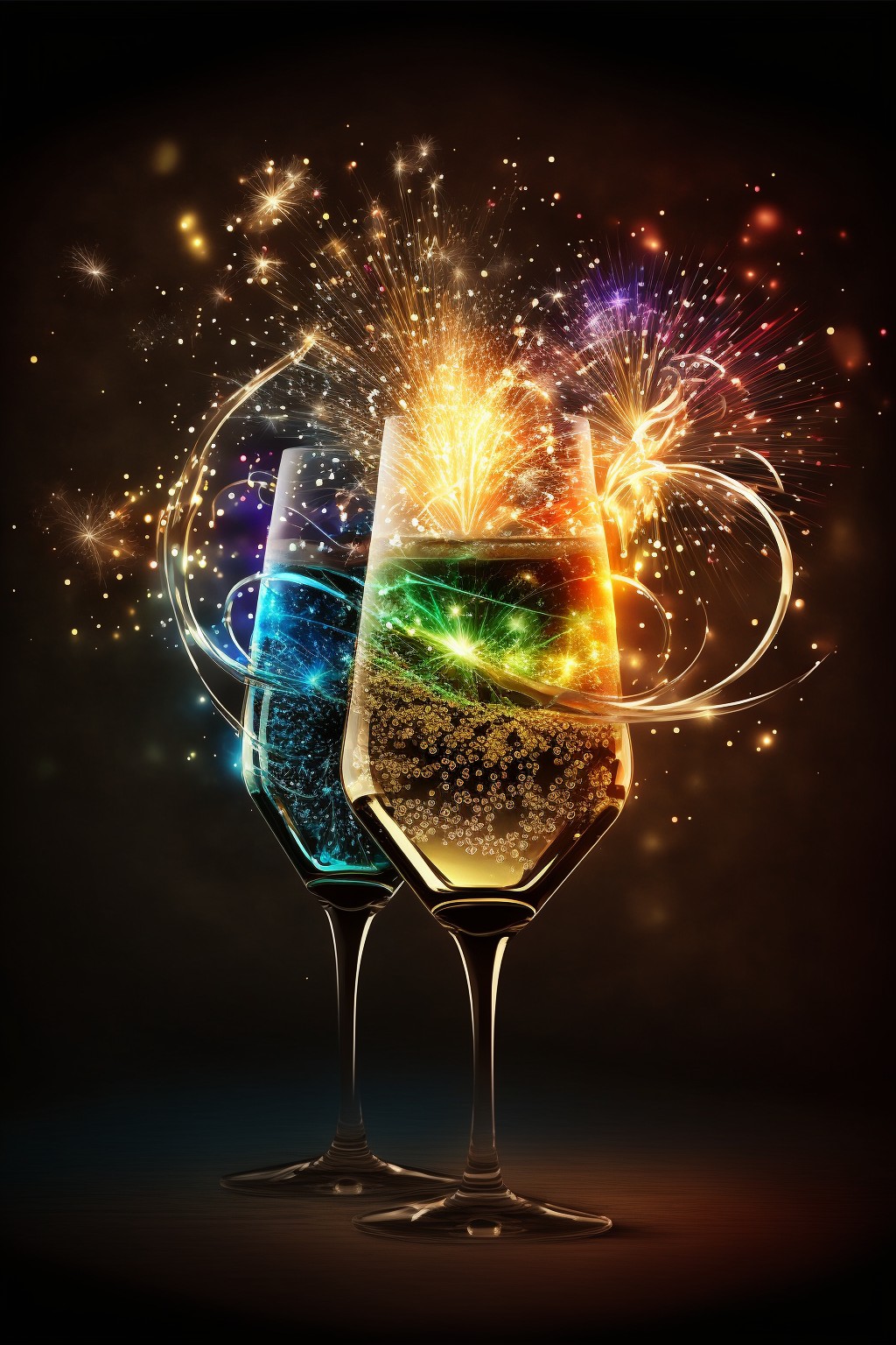 Wine glasses in fireworks blooming, celebrating New Year's Eve