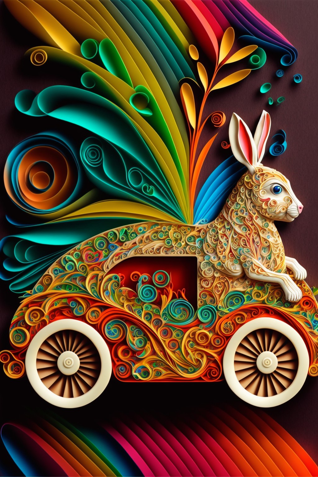 12 images of Rabbit paper cutting art that is driving by Midjourney