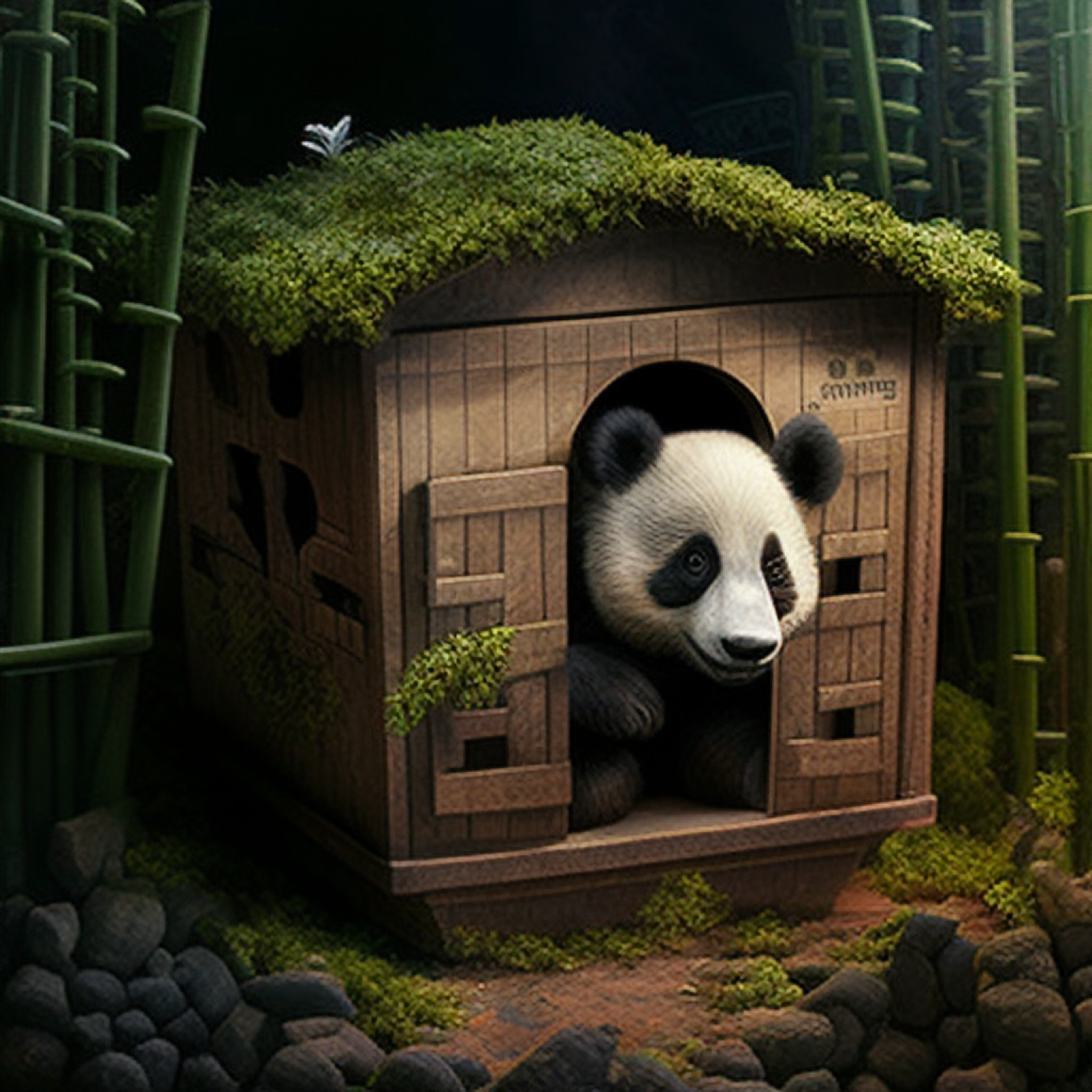 A panda is building a kennel
