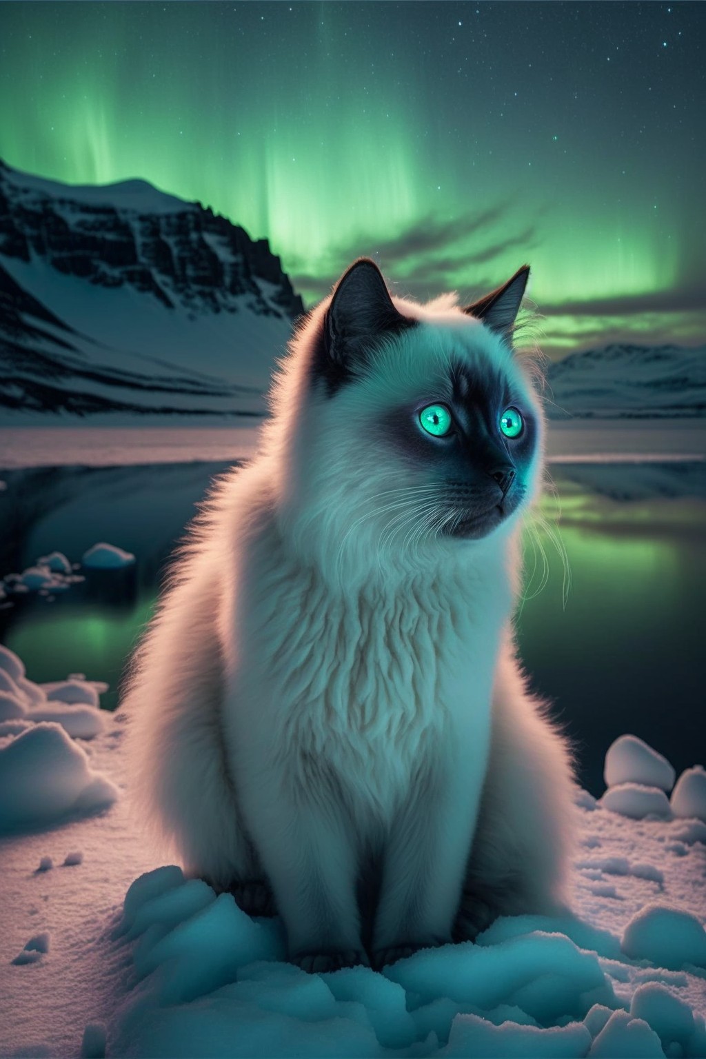 12 images of Snow cat under the northern lights by Midjourney