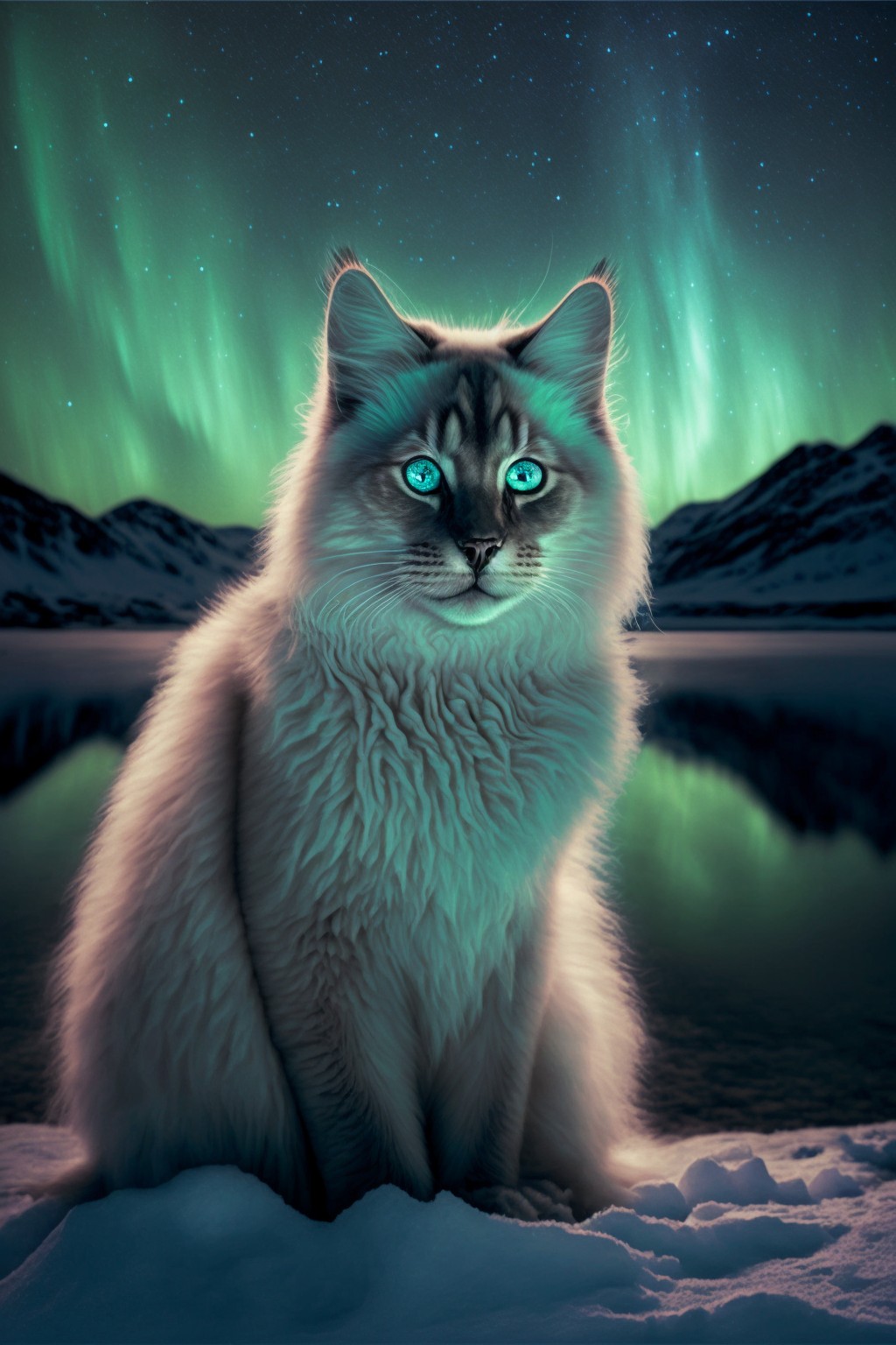Snow cat under the northern lights