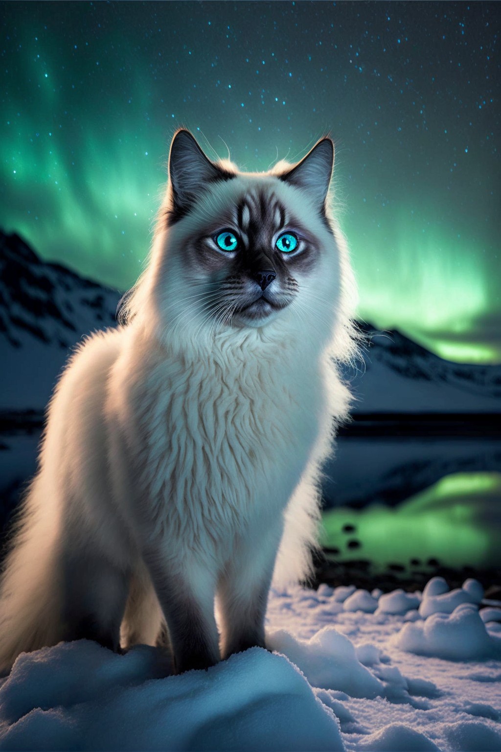 Snow cat under the northern lights