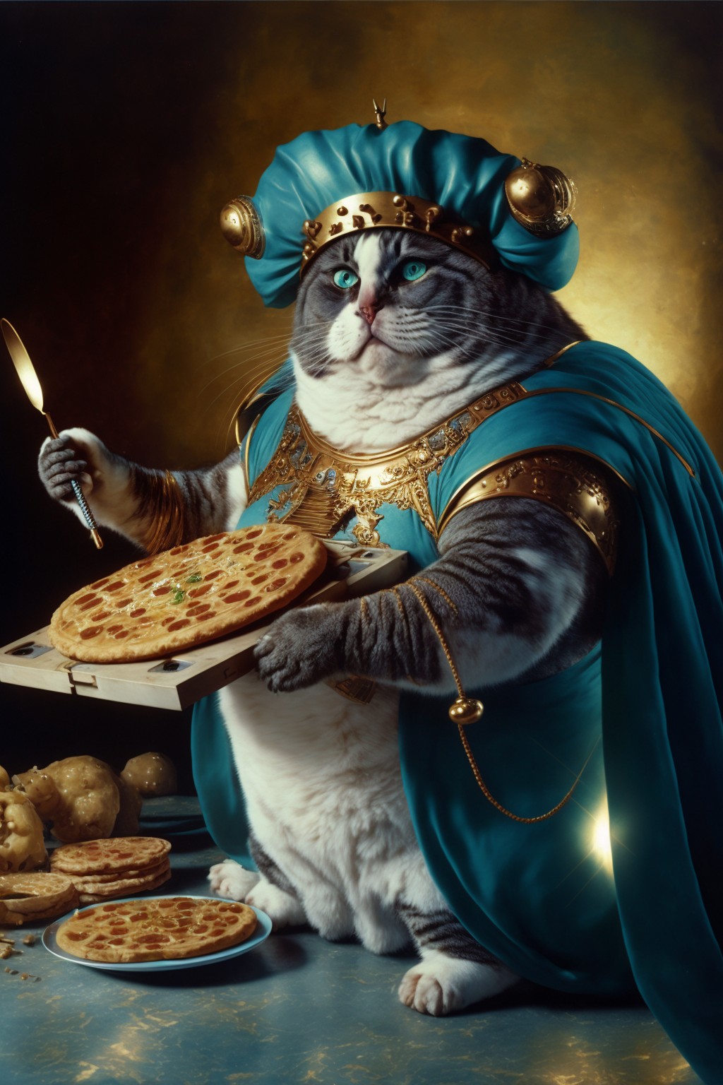 12 images of Big fat cat chef is making pizza by Midjourney