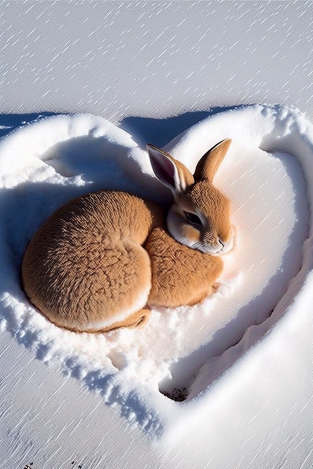 Little bunny holding a love heart in the snow