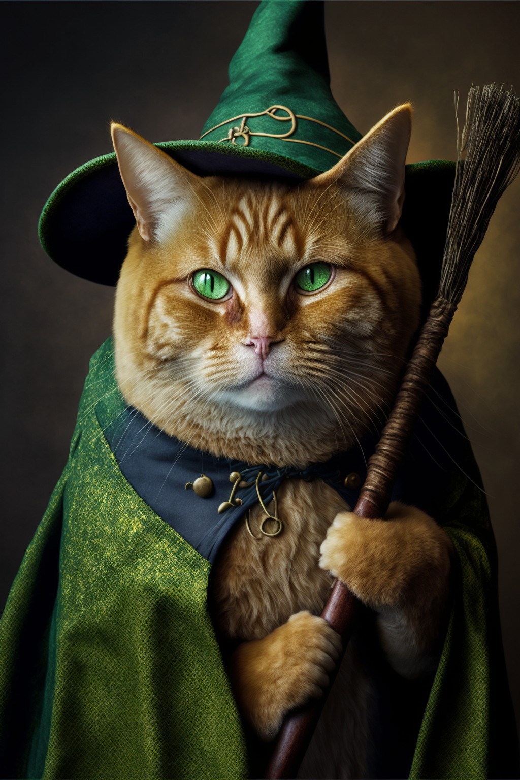 4 images of Hogwarts cat wizard in green hat by Midjourney
