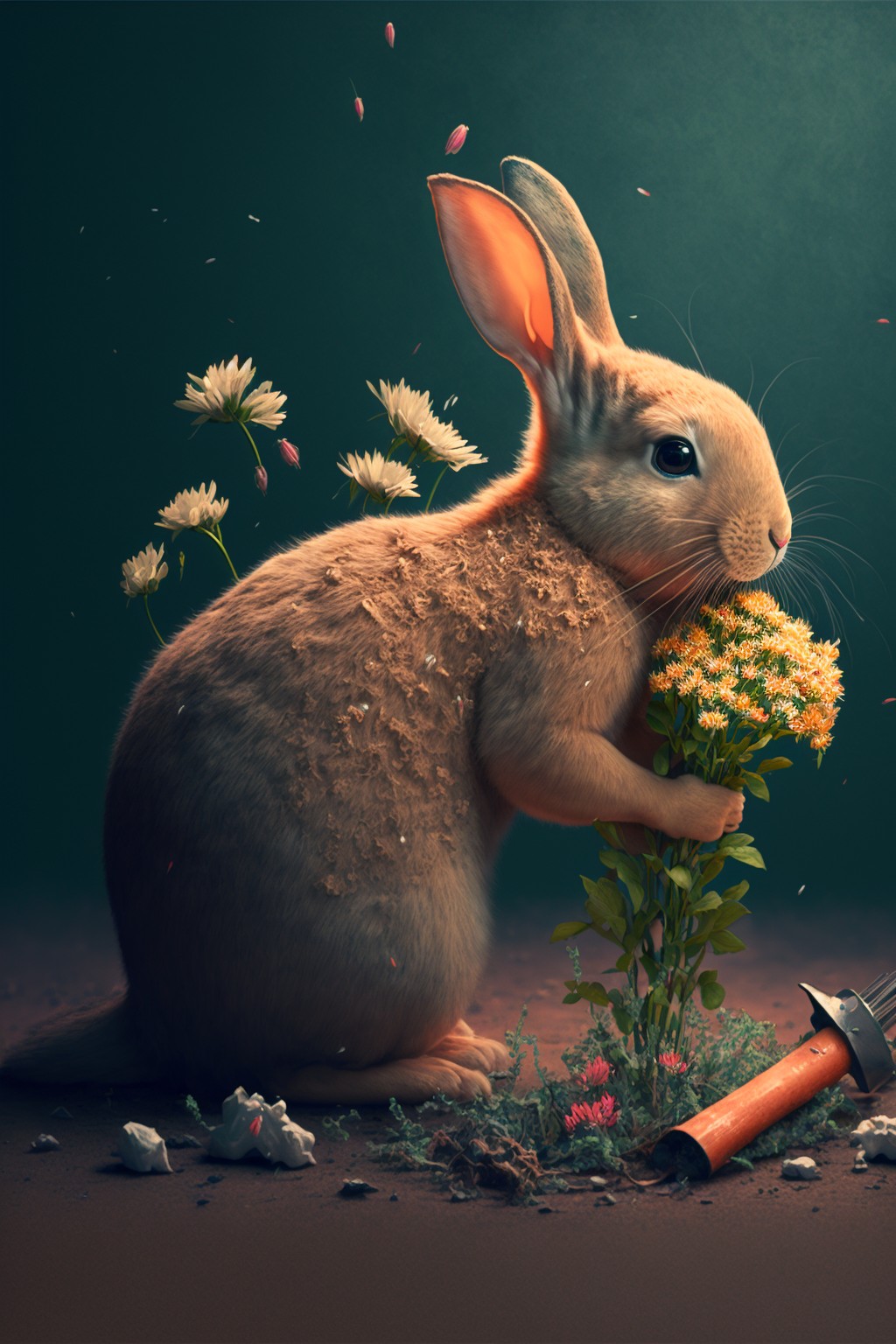 4 images of little rabbit planting flowers by Midjourney