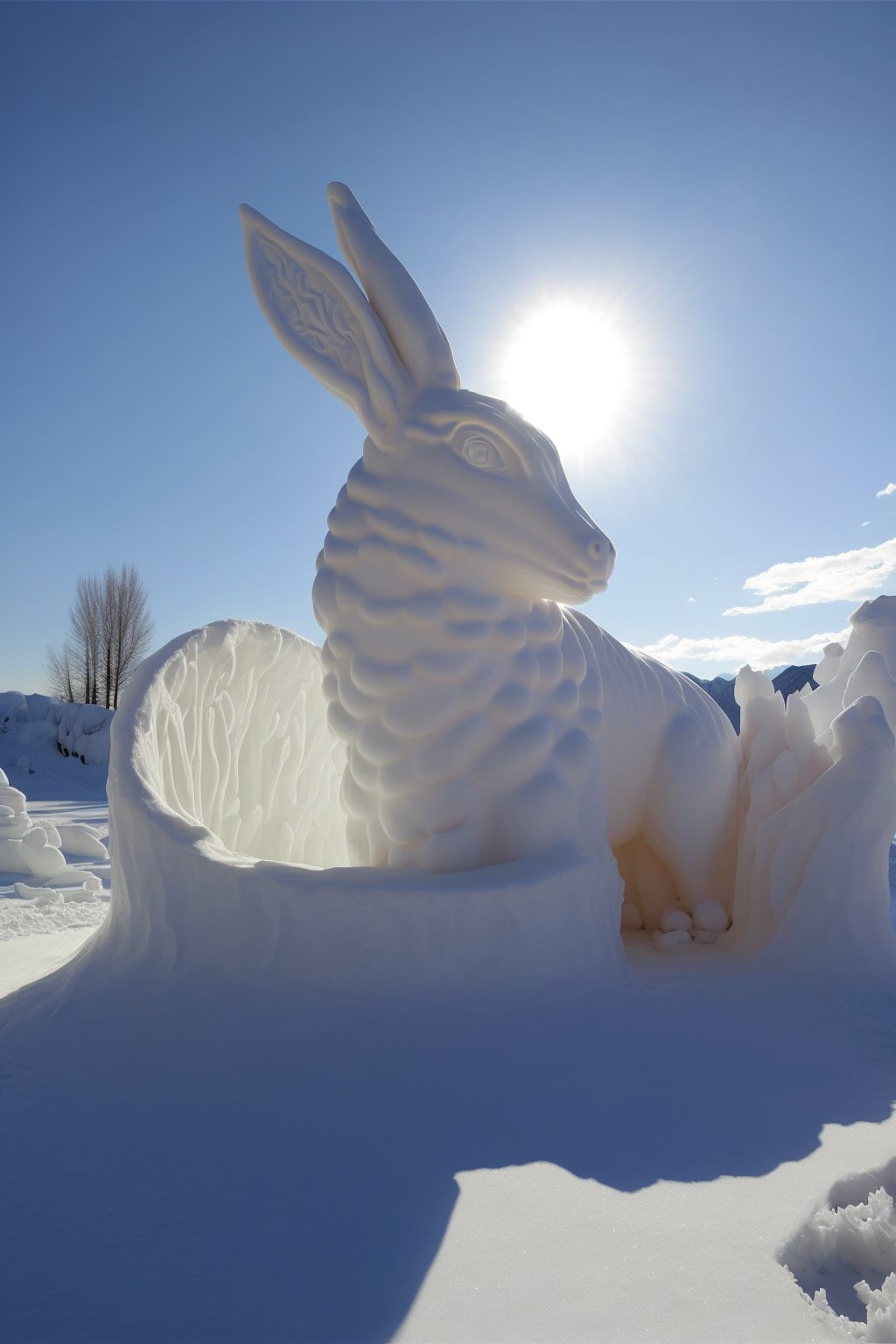 8 images of Rabbit sculpture made of ice and snow by Midjourney