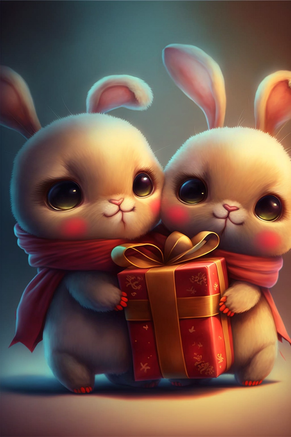 two cute rabbits holding gifts