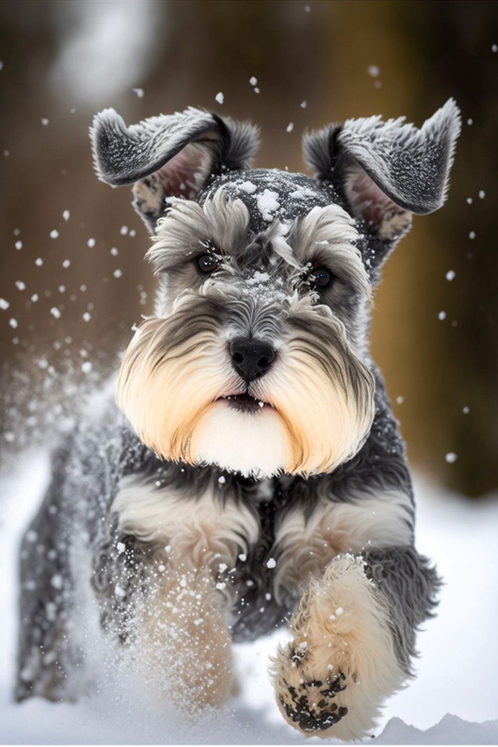 Schnauzer jumping in the snow