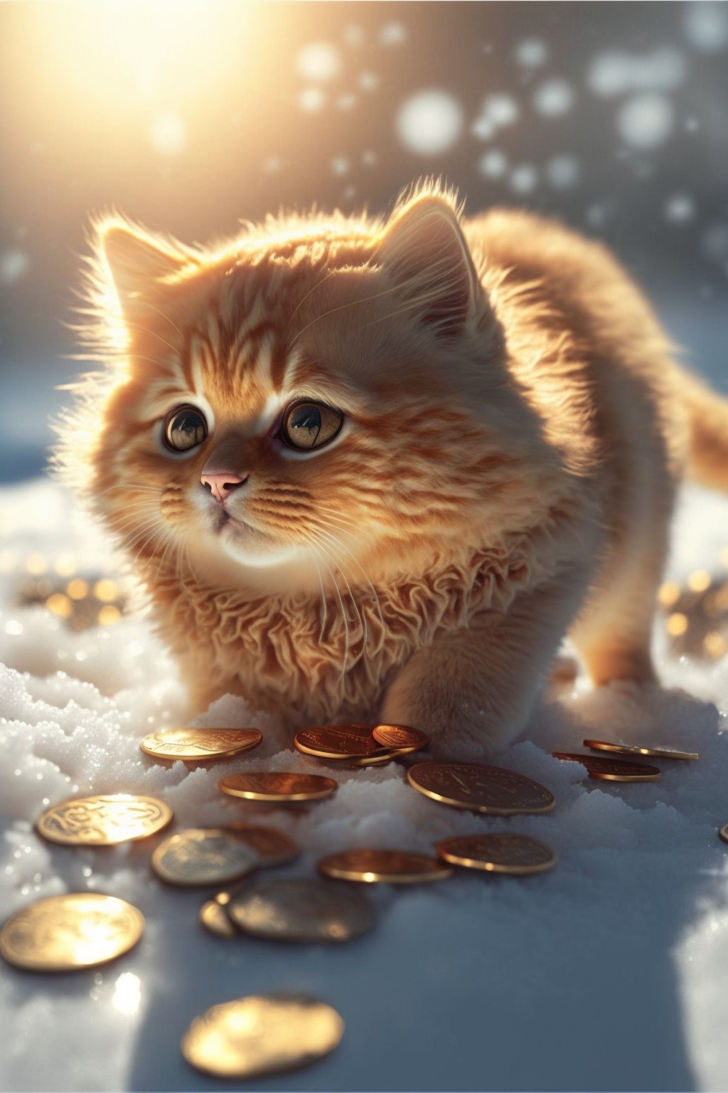 4 images of The super cute lucky cat who found gold coins by Midjourney