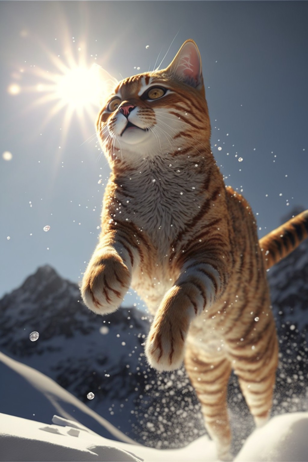 5 images of Silly cat jumping happily in the snow by Midjourney